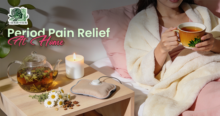 Woman using a heating pad on her lower abdomen at home, showing simple and effective period pain relief