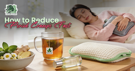  Woman lying in bed with a heating pad on her stomach, easing severe menstrual cramps with natural at-home care