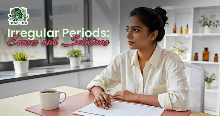 Woman resting with a warm herbal tea in hand, reflecting on irregular periods and natural ways to restore menstrual balance 