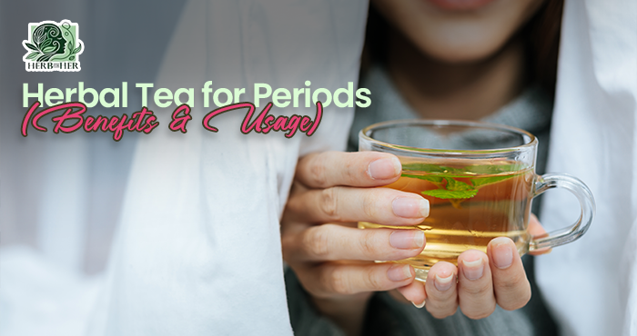 Woman holding a warm cup of herbal tea while resting comfortably at home during menstruation, showing natural period relief and self-care