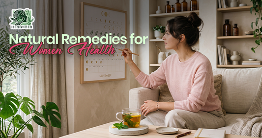 Woman practicing gentle self-care at home using natural remedies for women health, focusing on balance, rest, and holistic wellness support