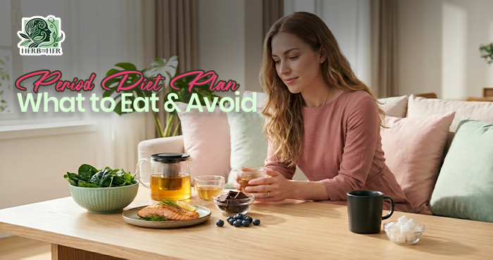 Woman practicing gentle self-care during menstruation at home, focusing on a healthy period diet plan with nourishing foods and herbal tea for cramps relief 