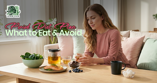 Woman practicing gentle self-care during menstruation at home, focusing on a healthy period diet plan with nourishing foods and herbal tea for cramps relief 