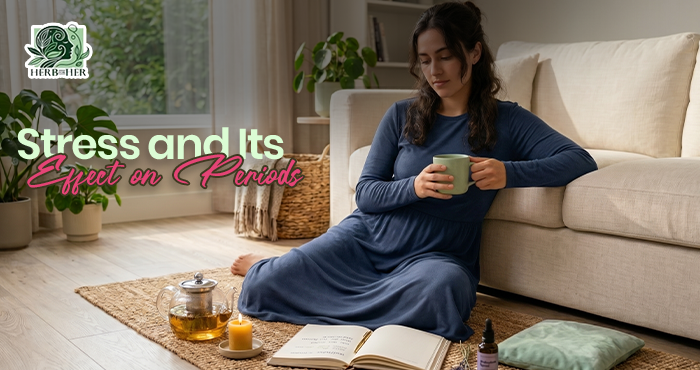 Woman resting at home during menstruation, practicing relaxation techniques to manage stress and support a healthy menstrual cycle 