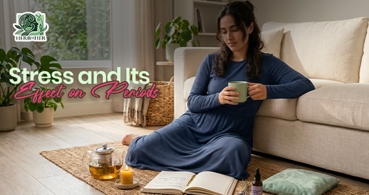 Woman resting at home during menstruation, practicing relaxation techniques to manage stress and support a healthy menstrual cycle 